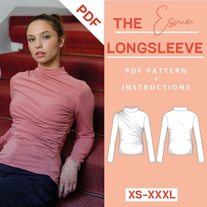 Patrón de costura camisa manga larga PDF | xs-xxxl | A4 y carta estadounidense | Instrucciones de costura para un top de punto de manga larga con volantes y cuello alto para mujer