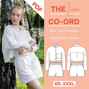 Linen sewing patterns blouse shirt and shorts pattern PDF | Co-Ord XS-XXXL | Oversized linen blouse and summer pants sewing pattern digital