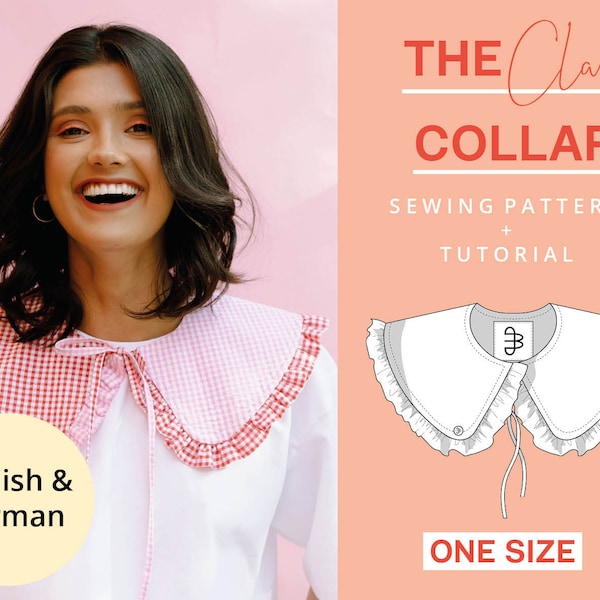 Collar sewing pattern PDF collar with ruffles and bow, easy pattern for sewing beginners with sewing tutorial download, English and German