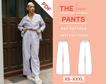 Patrón de costura de pantalones de pijama PDF | xs-xxxl | A4 y carta estadounidense | Instrucciones de costura pantalones de pijama cinturilla elástica pantalones palazzo de pierna ancha para mujer