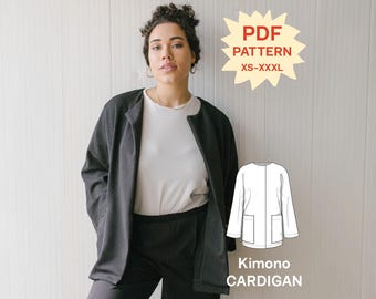 May include: A black ribbed kimono cardigan with long sleeves and an open front. The image includes a star-shaped graphic with the text PDF PATTERN XS-XXXL and a line drawing of the garment labelled Kimono CARDIGAN.