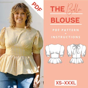 Molde de costura de blusa com peplum em PDF | xs-xxxl | A4, A0 e Carta EUA | Instruções de costura para uma blusa de verão com manga bufante e laço