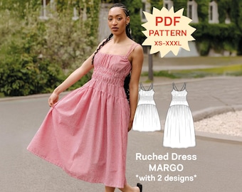 May include: A red and white gingham midi dress with a square neckline, wide straps, and a ruched bodice. The image includes a PDF pattern label for sizes XS-XXXL, a technical sketch of two dress designs, and the text Ruched Dress MARGO with 2 designs.