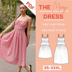 以下が含まれることがあります： 赤いギンガムチェック柄のドレスを着た女性。細いストラップが付いています。 ドレスはシャーリングボディスと流れるようなスカートが特徴です。 画像には、「The Margo Dress」のパターンと、XS～XXXLのサイズ範囲も含まれています。