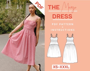 Shirred Dress Sewing Pattern PDF XS-XXXL Midi Dress A Line sewing instructions and sewing tutorial Maxi Dress Ruffles easy beginner