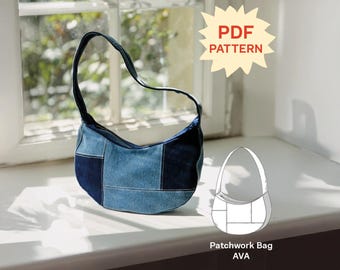 May include: A crescent-shaped patchwork denim bag featuring various shades of blue fabric panels and a single shoulder strap. A starburst graphic displays the text PDF PATTERN, and a line drawing shows the Patchwork Bag AVA.