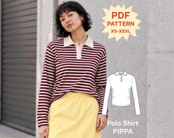 May include: A long-sleeve polo shirt with horizontal maroon and cream stripes, a cream collar, and a button placket. The image includes text reading PDF PATTERN XS-XXXL and Polo Shirt PIPPA, alongside a white line drawing of the shirt design.