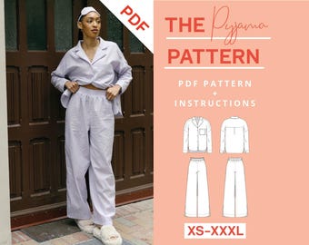 Patrón de costura de pijama PDF Conjunto de 3 | xs-xxxl | A4 y carta estadounidense | Instrucciones de costura pijama pantalones blusa cinturilla elástica pierna ancha antifaz para dormir para mujer