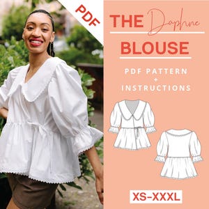 Wrap blouse sewing pattern ladies XS-XXXL Instant PDF Download Romantic Blouse with Peter Pan collar, puff sleeves, peplum and bows