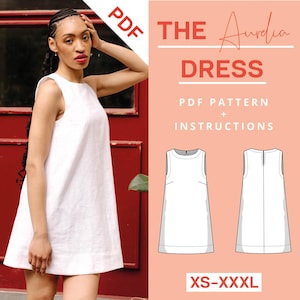Patrón de vestido de lino PDF | tallas xs a xxxl | A4, A0 y Carta EE.UU. | Instrucciones de costura para un minivestido de corte A sin mangas confeccionado en tela de lino