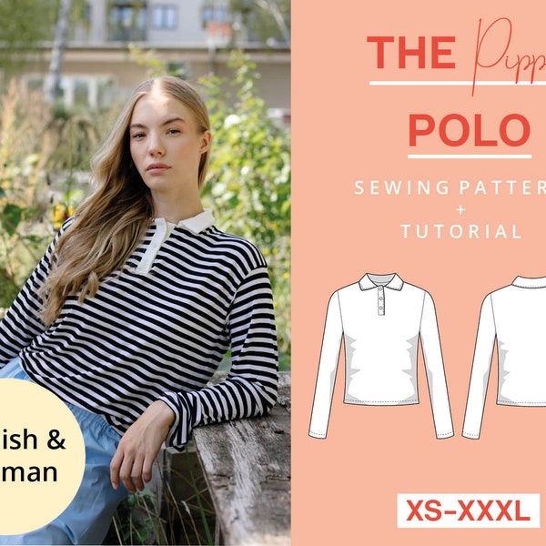 Women's polo shirt sewing pattern PDF, XS-XXXL, easy with video tutorial "The Pippa Polo", German and English