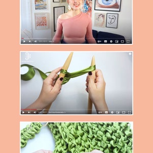May include: A digital video tutorial titled MIT DIY-VIDEO-TUTORIAL featuring a person in a peach top, followed by clips of hands using large wooden knitting needles to work with olive green ribbon, and finishing with a close-up of hand-stitching.