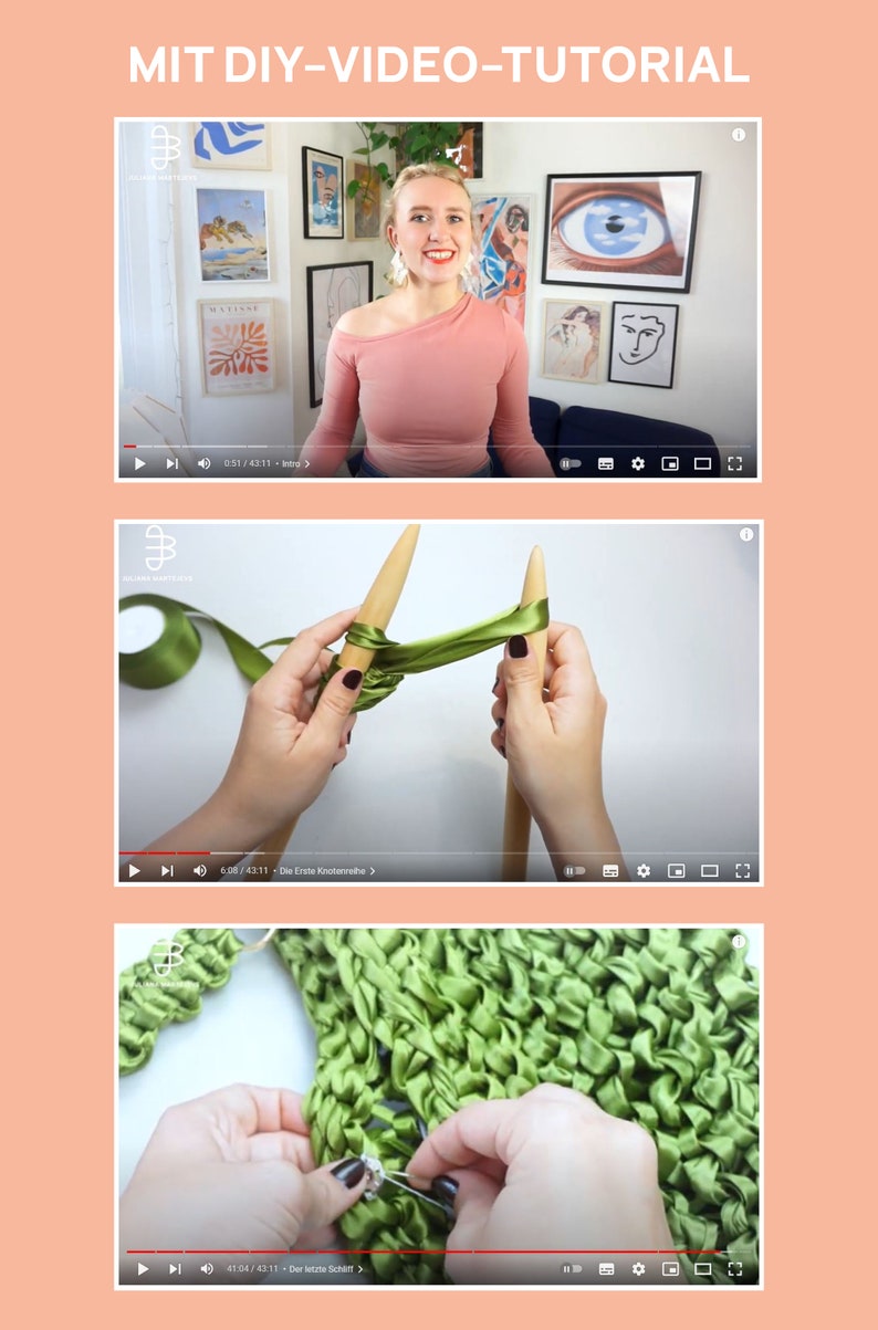 May include: A digital video tutorial titled MIT DIY-VIDEO-TUTORIAL featuring a person in a peach top, followed by clips of hands using large wooden knitting needles to work with olive green ribbon, and finishing with a close-up of hand-stitching.