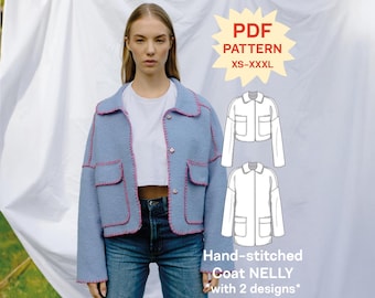 May include: A light blue coat with a collar, long sleeves, and two front pockets, featuring visible pink hand-stitched detailing along the seams and edges. The image includes text reading PDF PATTERN XS-XXXL and Hand-stitched Coat NELLY with 2 designs.