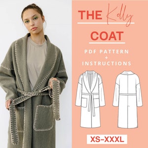 Patrón de costura de abrigo SIN MÁQUINA DE COSER PDF | xs-xxxl | A4 y Carta | Principiante en costura | Instrucciones de costura para abrigo cruzado, cuello chal, chaqueta y abrigo