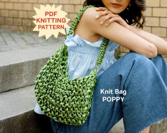May include: A green knit bag with a textured, woven appearance and a single shoulder strap. The image includes text that reads PDF KNITTING PATTERN and Knit Bag POPPY. The bag features a structured, looped design in a vibrant olive green shade.
