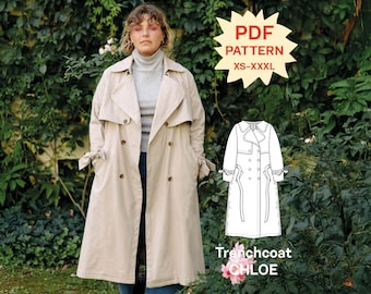 May include: A beige double-breasted trench coat with a wide collar, long sleeves with tie cuffs, and brown buttons. The image includes a PDF pattern label for sizes XS-XXXL and a technical line drawing labeled Trenchcoat CHLOE.