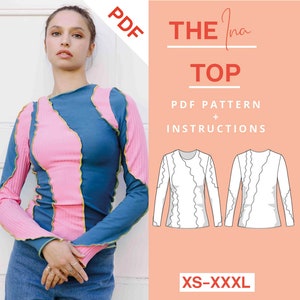 Padrão de costura de camisa de manga comprida PDF | xs-xxxl | A4 e Carta dos EUA | Instruções de costura Top jersey com bainha ondulada camisa de manga comprida tecido jersey patchwork