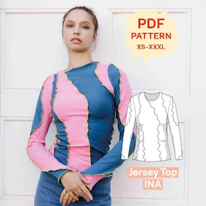 Mönster för långärmad skjorta i PDF-format | XS-XXXL | A4 och US Letter | Sömnadsinstruktioner för en jerseytopp med vågig fåll, långärmad skjorta av patchworkjerseytyg