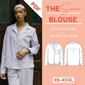 Patrón de costura de blusa de pijama PDF | xs-xxxl | A4 y carta estadounidense | Instrucciones de costura top de pijama top de pijama cuello de solapa manga larga de mujer