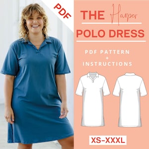 Puede incluir: Un patrón de costura PDF para un vestido polo llamado "The Harper Polo Dress". El patrón incluye instrucciones y está disponible en tallas XS-XXXL.