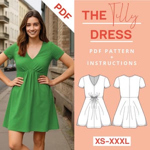 Jersey Mini Dress Sewing Pattern with Short Sleeves and Flared Skirt V-neck Ladies XS-XXXL PDF Instant Download Short Dress for Summer