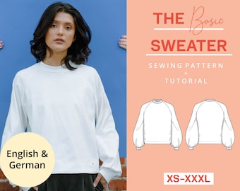 Paper sewing pattern women's sweater, XS-XXXL, easy with video tutorial "The Basic Sweater", German and English