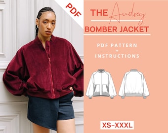 Patron de couture de veste bomber pour femme à télécharger au format PDF. Veste simple à coudre en velours côtelé ou softshell avec poignets et fermeture éclair, instructions de couture.