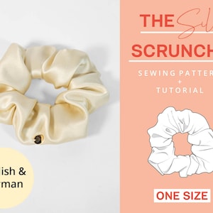 Könnte beinhalten: Ein beiger Satin-Haargummi mit dem Text "THE Silve SCRUNCHIE SEWING PATTERN + TUTORIAL ONE SIZE" auf rosa Hintergrund.