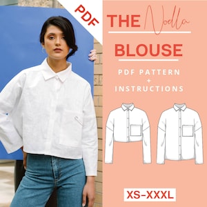 May include: A white blouse with a pocket and long sleeves. The blouse is shown on a model. The text "THE Novella BLOUSE" is displayed above the model. The text "PDF PATTERN + INSTRUCTIONS" is displayed below the model. The text "XS-XXXL" is displayed at the bottom of the image.