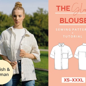 Patrón de costura de blusa de manga corta PDF de gran tamaño | XS-XXXL | Para principiantes, sencillo y moderno | Con instrucciones en vídeo.