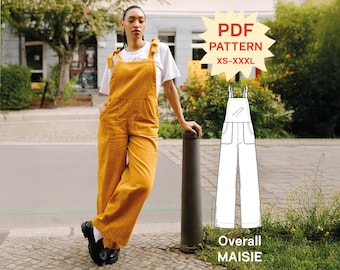 May include: Mustard yellow dungarees with wide legs, front pockets, and shoulder tie straps, worn over a white t-shirt. Includes a PDF pattern graphic with text reading PDF PATTERN XS-XXXL and Overall MAISIE, showing a line drawing of the garment.