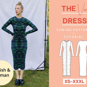 Gathered Long Sleeve Jersey Dress with Ruffles Printed Pattern | XS-XXXL | A0 Plot | beginners, easy | Sewing Instructions | German English