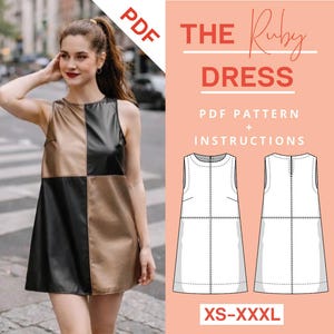 Patrón de costura para vestido patchwork en PDF, tallas XS-XXXL. Patrón de costura para vestido de cuero con instrucciones para principiantes. Minivestido. Descarga digital.