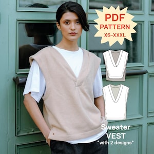 May include: A beige knit sweater vest with a deep V-neckline worn over a white t-shirt. The image includes a PDF pattern label for sizes XS-XXXL, a technical line drawing of two vest designs, and the text Sweater VEST *with 2 designs*.
