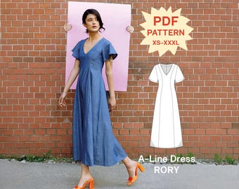 May include: A blue A-line dress with flutter sleeves and a V-neckline. The image includes a technical line drawing of the dress and text that reads PDF PATTERN XS-XXXL and A-Line Dress RORY. The dress is shown in a midi length.