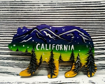 California Bear Ornament - Wood Bear with Mountains, Forests, Christmas Ornament, Xmas Tree, Animal Decoration, CA Cute Gift