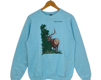 VTG 80s herten raglan sweater vintage scherm sterren Meeker Colorado trui trui ronde hals Wildlife dier afbeelding cyaan