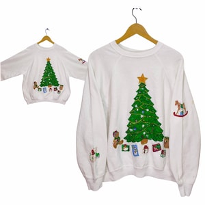 Sweter z choinką z lat 90. Raglan X-Large Vintage Tultex Wesołych Świąt Bluza Sweter Sweter z okrągłym dekoltem Biały Rozmiar XL