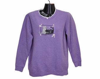 Y2K Cute Cat Crewneck Sweatshirt Small Vintage Hasting Smith Sweater Jumper Pullover Animal Graphics Purple Lilac Mens Size S