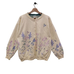 80s Artisan Cardigan Sweater Large Vintage Wildflower Bird Sweatshirt Button Yellow Size L