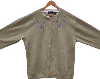 Embroidery Floral Sweater , Autumn Cardigan , Vintage 90s Jit Sport Plus , Flowers Button Sweater , Army Green , Size XL