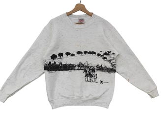 80er Jahre Western Grafik Sweatshirt Medium Vintage Western Buffalo Grafik Rundhalsausschnitt Weiß Größe M