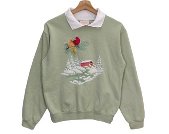 Y2K Top Stitch by Morning Sun Sweatshirt Vintage Winter Natur Embroidery Cardinal Bird Sweater Jumper Pullover Animal Graphics Mens Size S