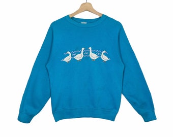 80s 90s Duck Sweatshirt Raglan Small Vintage Miller Mallard Duck Animal Sweater Jumper Pullover Crewneck Blue Womens Size S