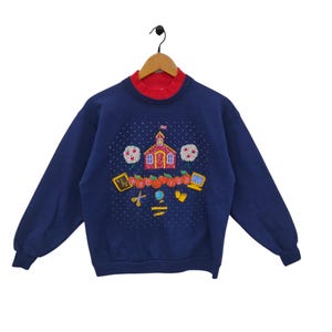 90s Embroidery Christmas Sweatshirt Medium Vintage Morning Sun Sweater Jumper Navy Blue Size M