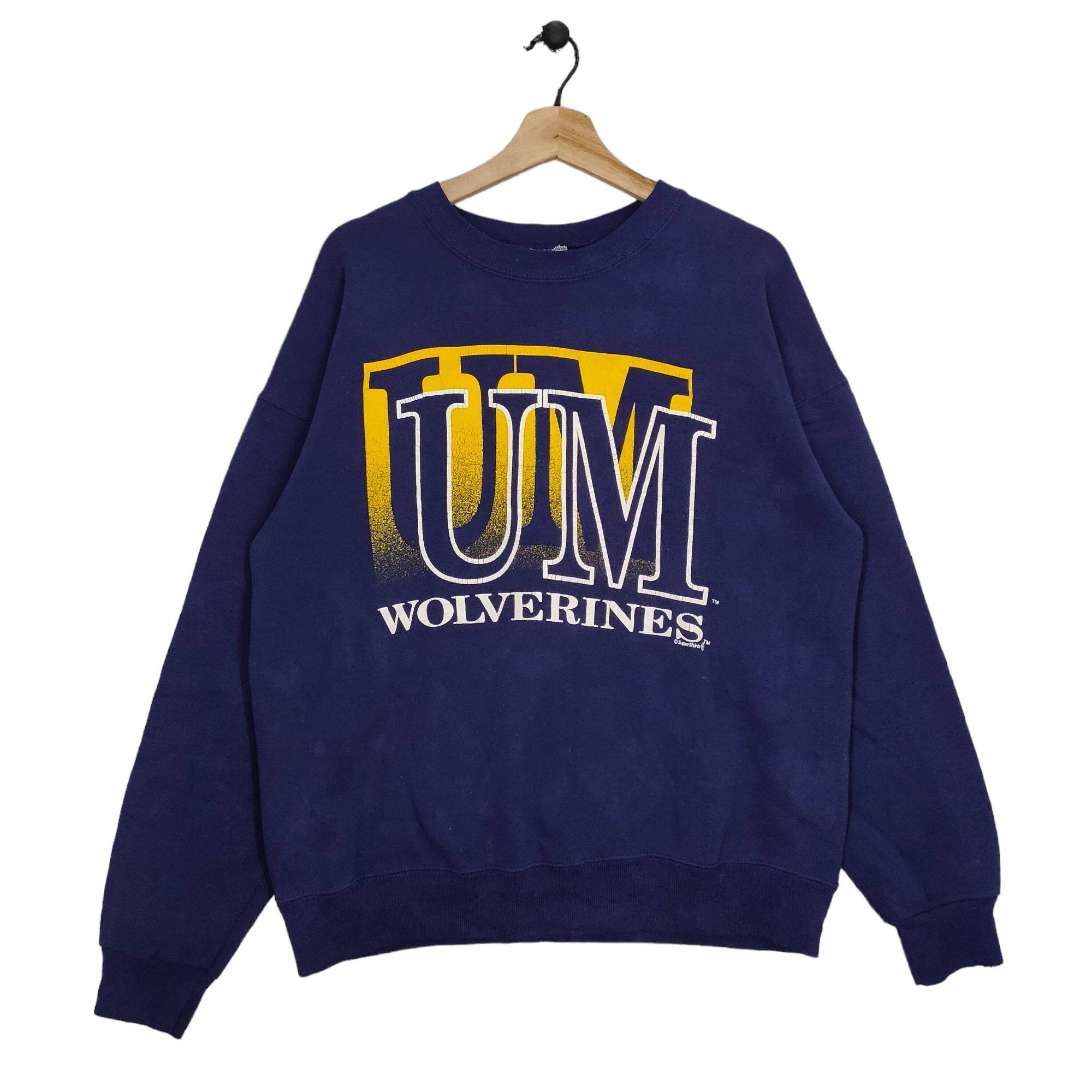 Universidad de Michigan Wolverines Sudadera Grande Vintage American College Sueter Jersey Jersey Crewneck Azul Marino Tamano L Etsy Espana