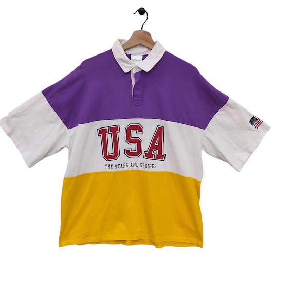 ​90s Stars and Stripes Rugby Shirt 星条旗 Vintage USA Colorblock Polo Shirt – Modish Gaze Large – Purple