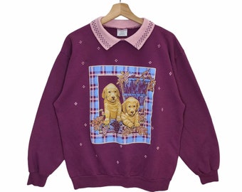 90s Bobbie Brooks Sweatshirt Large , Vintage Puppy Sweater , Dog Jumper , Animal Graphic , Pet , Purple , Large