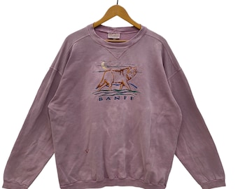 Vtg Banff Stickerei Sweatshirt Vintage Wolf Jaspis Lake Louise Mond Pullover Rundhalsausschnitt Farbe Distressed Rundhalsausschnitt Größe XL
